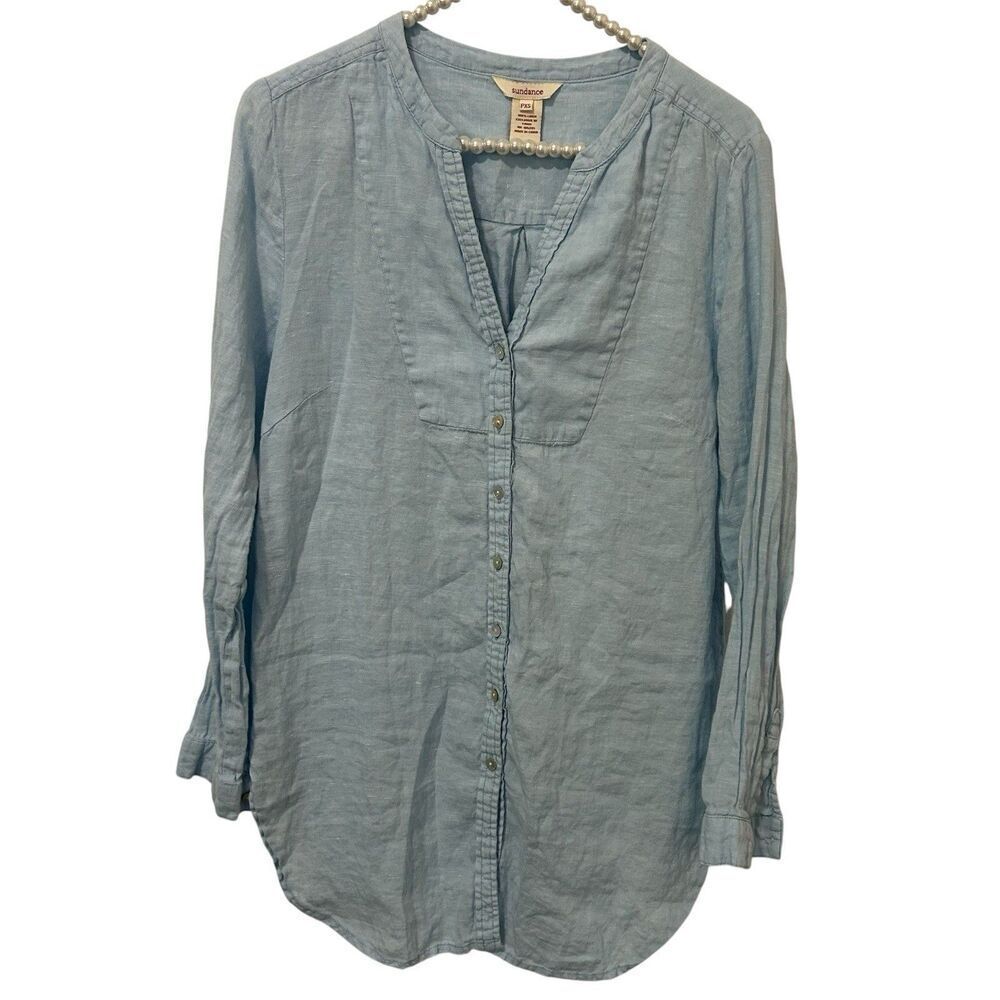 Sundance Womens Petite XS Blue 100% Linen Tunic Top Button Up Shirt Coastal Boho